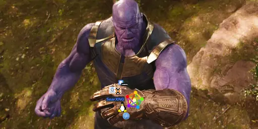 Thanos looking at the Infinity guantlet with the gems replaced with pictures of Signal, Matrix chat, OpenWRT, Proxmox, SearXNG, Linux,  Bit Torrent, and the Fediverse.