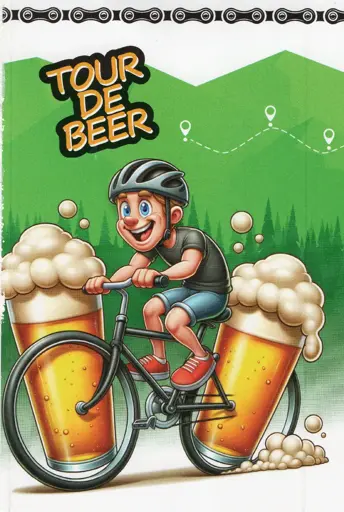 A scan of a cyclist in a very AI-like oversaturated cartoonish style, riding a bike where there is a human-sized beer glass centered on the back wheel intersecting the bike components, plus one attached to the side of the front wheel. See body text for main flaws with the image.