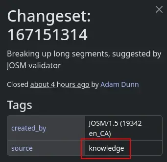 A screenshot of an OpenStreetMap Changeset whose source is stated as "knowledge".