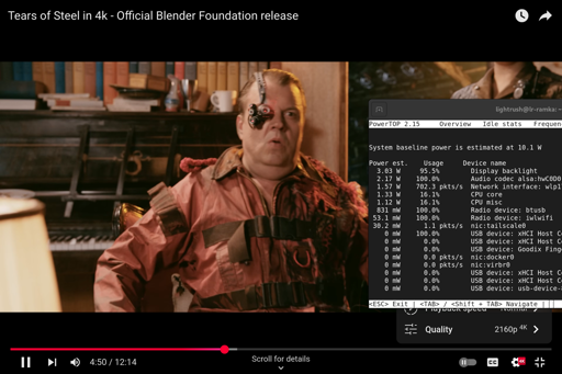 A screenshot showing 4K YouTube playing with power consumption of 10W